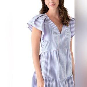 Vineyard Vines Light Blue and Pink Striped Ruffle Sleeve Tiered Dress